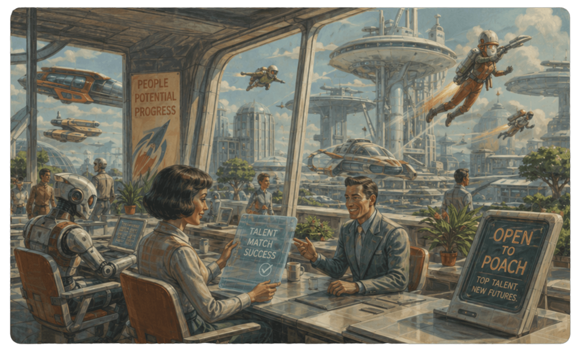 A retro-futurist scene: recruiters meeting exceptional talent over coffee, under an OpenToPoach sign.